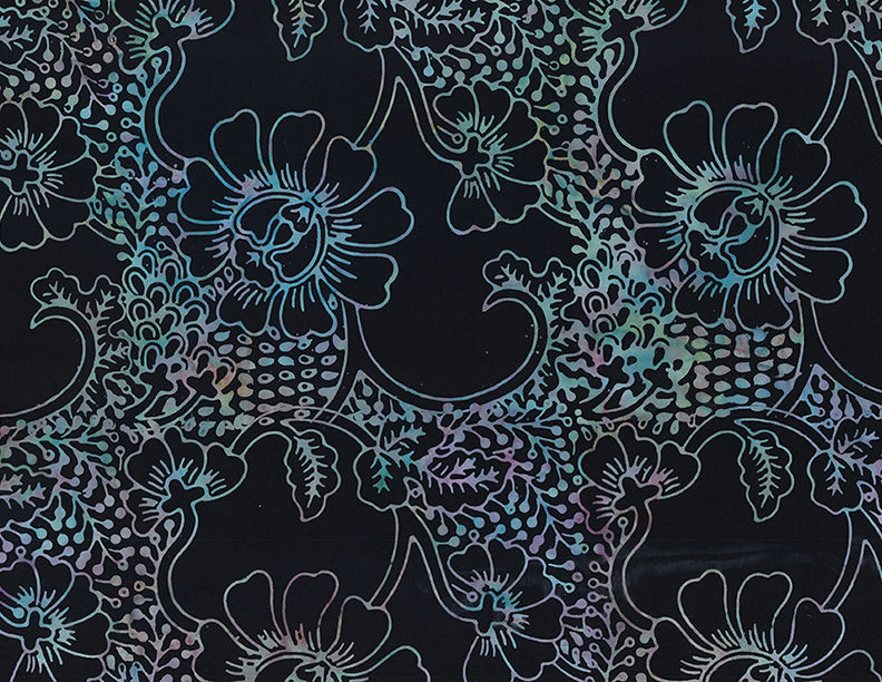 Moonshadow Batik: TROPICAL FLORAL BLACK Fabric (1/2 yd)