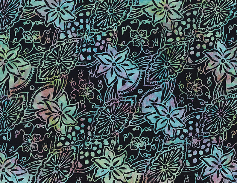 Moonshadow Batik: MEDALLIONS and FLORALS BLACK Fabric (1/2 yd)