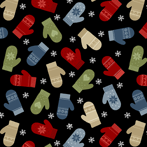 Jingle Bell Flannel: MERRY MITTENS FLANNEL Black Fabric (1/2 yd)