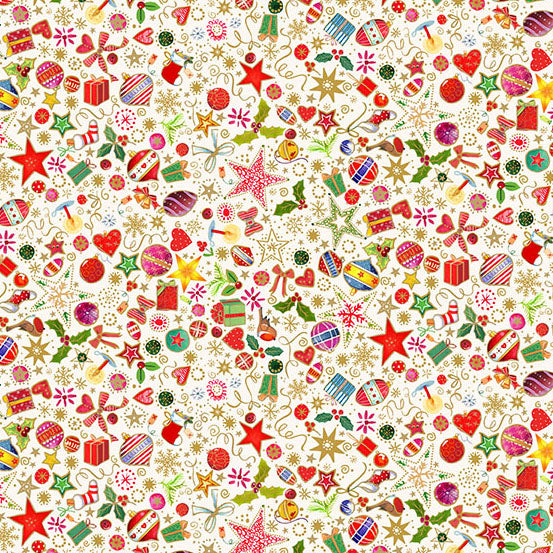 Jolly Saint Nick: CREAM CHRISTMAS TREASURES Fabric (1/2 yd) by Makower UK