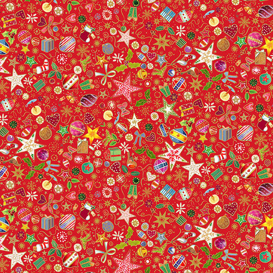 Jolly Saint Nick: RED CHRISTMAS TREASURES Fabric (1/2 yd) by Makower UK