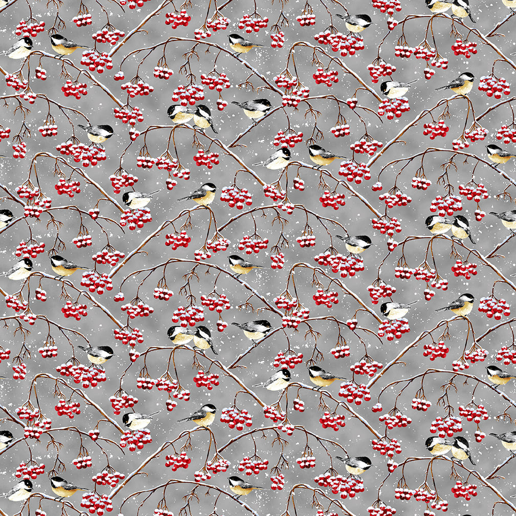 Snow Crew: GRAY CHICKADEES & BERRIES 1286-90 Fabric (1/2 yd)