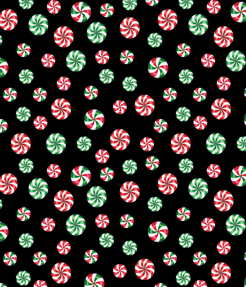 Sugar & Spice: PEPPERMINT CANDIES BLACK Fabric (1/2 yd)