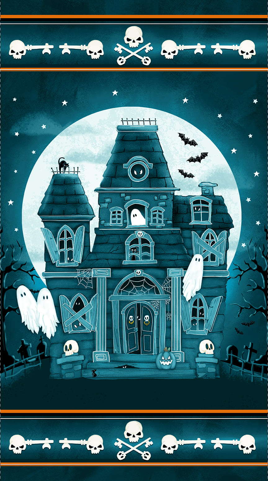 Welcome Foolish Mortals - Glow: 24" HAUNTED HOUSE PANEL Fabric: Q-1457PG-77 - (2/3 yd.)