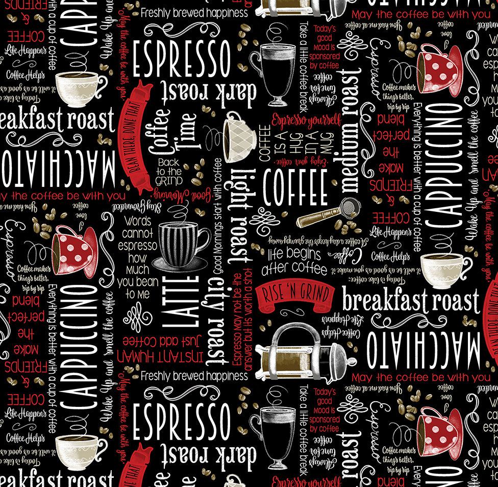 Perfect Brew: COFFEE TIME WORDS Black (1/2 yd)