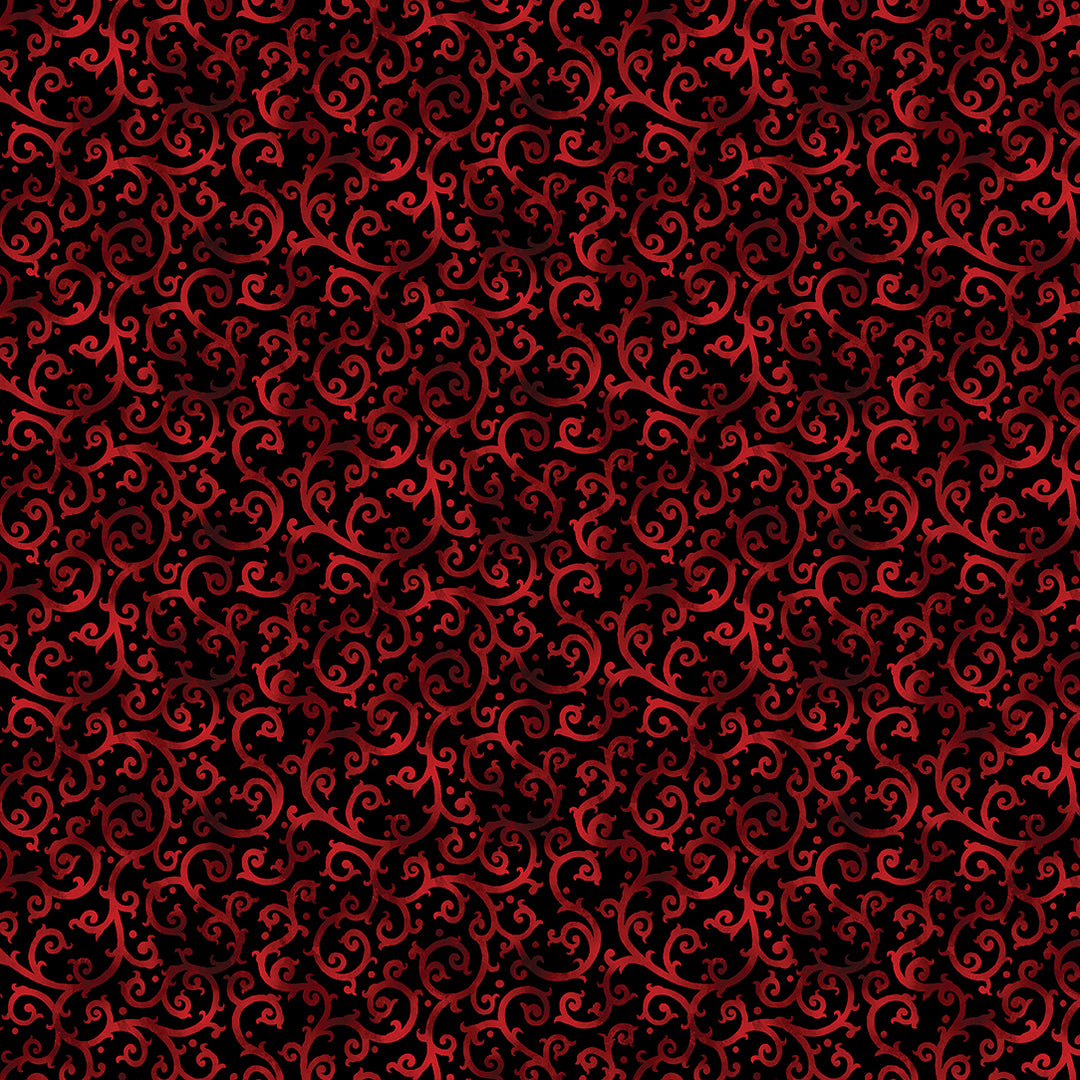 Christmas Spirit: SCROLLING SPLENDOR Scarlet/Black Fabric (1/2 yd)