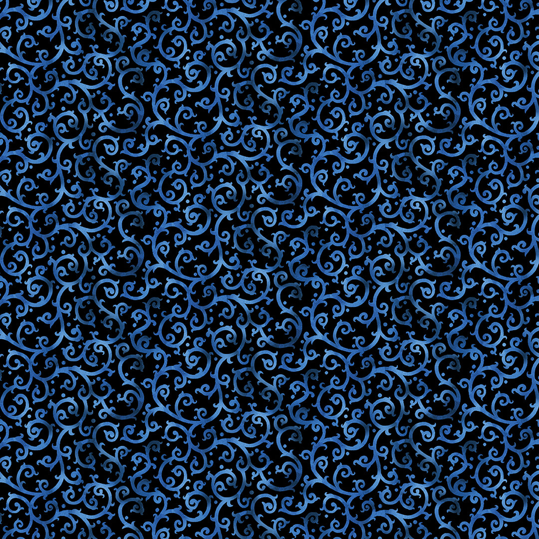 Christmas Spirit: SCROLLING SPLENDOR Blue/Black Fabric (1/2 yd)