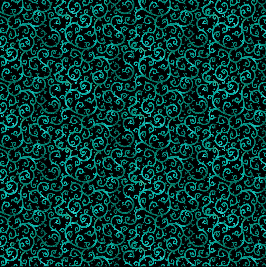 Christmas Spirit: SCROLLING SPLENDOR Turq/Black Fabric (1/2 yd)