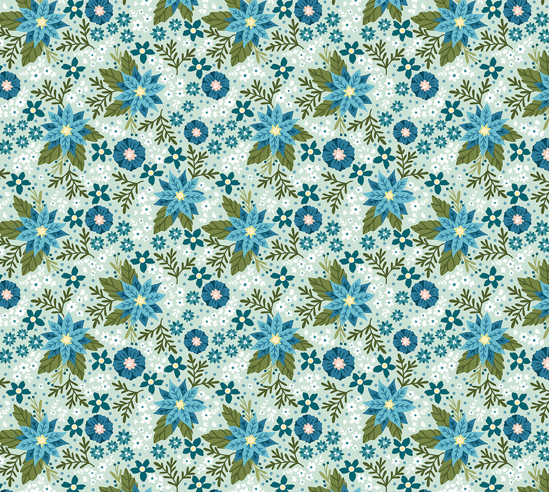 Snow Fall: FROST FLOWER AQUA Fabric by Shelly Cavanna (1/2 yd)