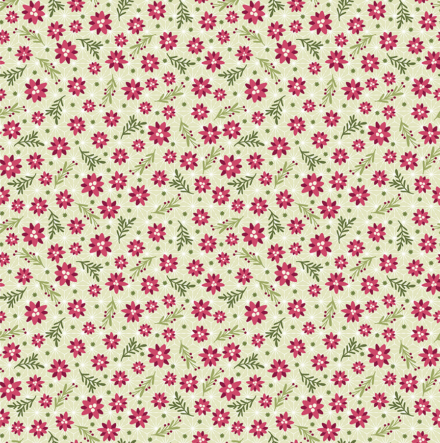 Snow Fall: CHRISTMAS ROSES HOLLY Fabric by Shelly Cavanna (1/2 yd)