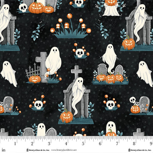 Ghosts in the Graveyard: Allover GHOST, PUMPKINS and SKULLS Glow Black Fabric (1/2 yd)