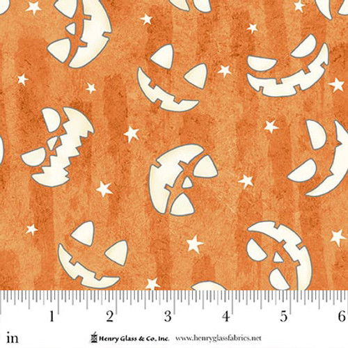 Ghosts in the Graveyard: JACK-O-LANTERN Faces Glow Orange Fabric (1/2 yd)