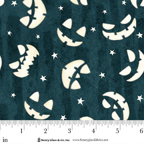Ghosts in the Graveyard: JACK-O-LANTERN Faces Glow Dark Gray Fabric (1/2 yd)