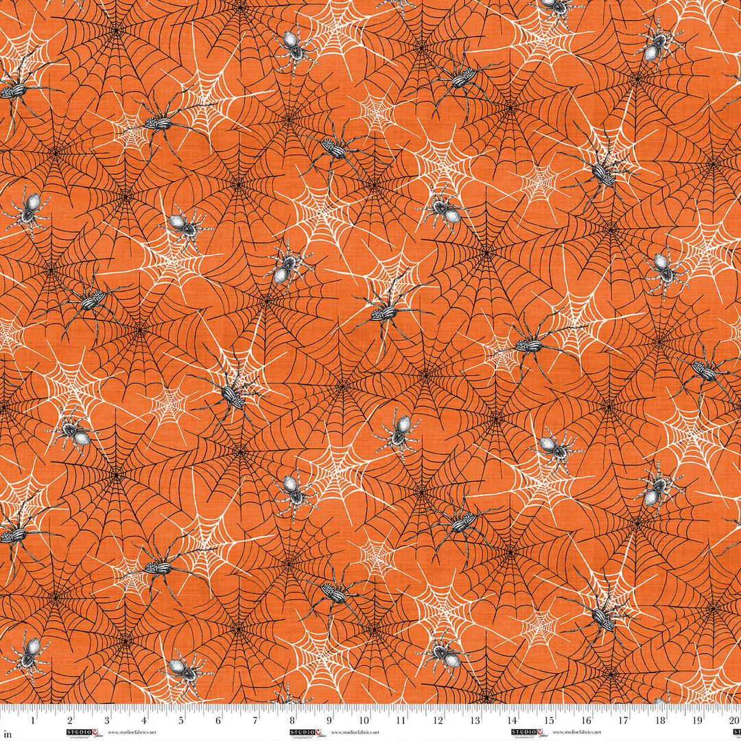Fear Factory: ORANGE SPIDERWEB and SPIDERS Allover Fabric (1/2 yd)