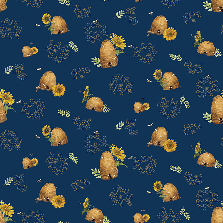 Honey Bees and Flowers Please: BEEHIVES - NAVY Fabric (1/2 Yd.)