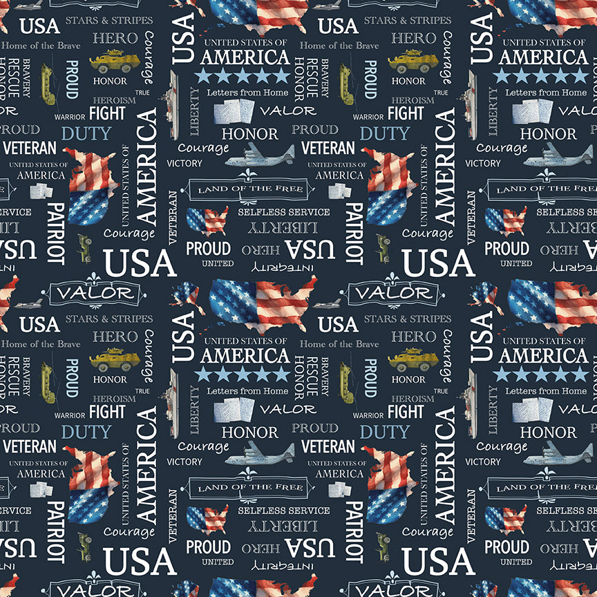 Letters From Home: TEXT NAVY Fabric by Vicki Gifford (1/2 yd)