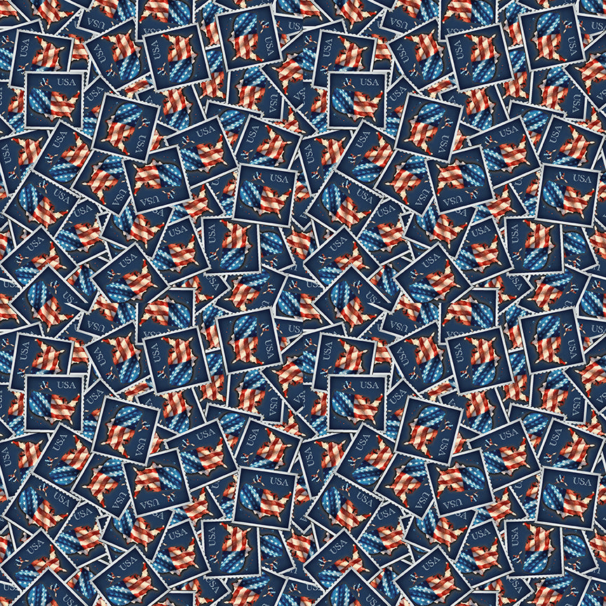 Letters From Home: STAMPED NAVY Fabric by Vicki Gifford (1/2 yd)