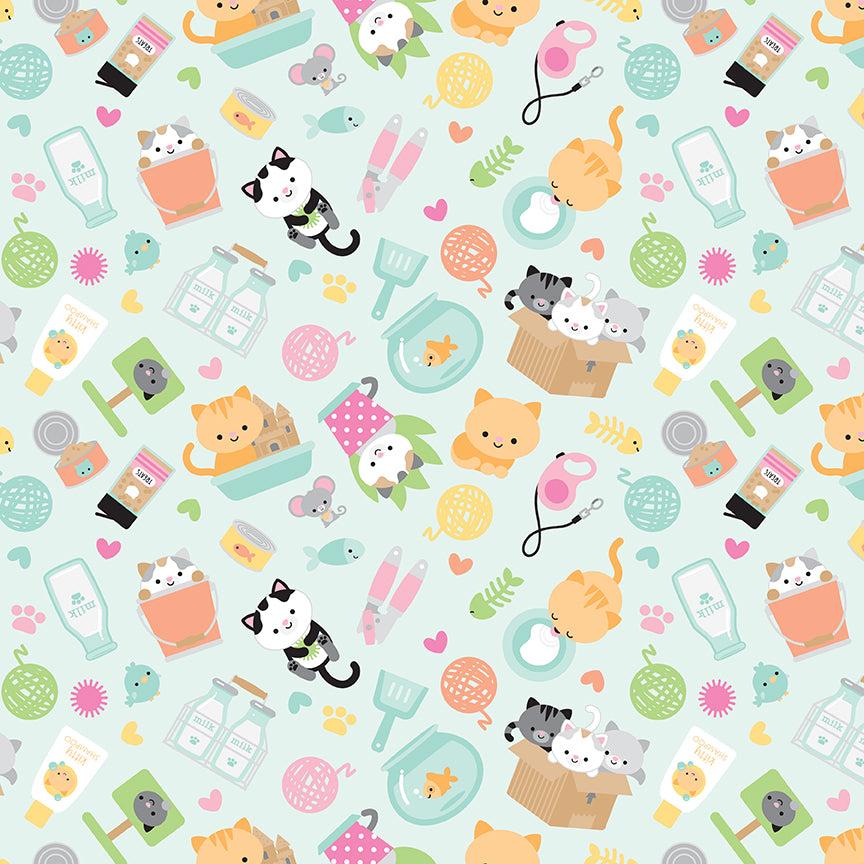 Pretty Kitty: MAIN BLUE Fabric by Doodle Bug Designs (1/2 yd)