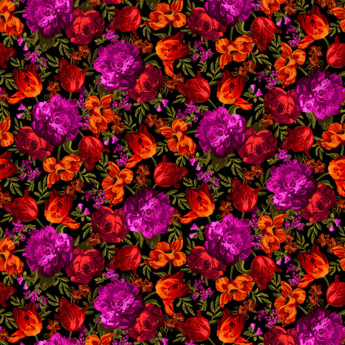 Midnight Floral: BLACK HOT FLORAL 108-Inch Wide Backing Fabric (1 yard)
