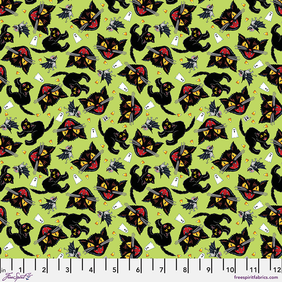 Spooky Cute Halloween: CAT and MOUSE - LIME Fabric (1/2 yd)
