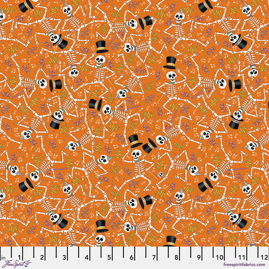 Spooky Cute Halloween: DANCING SKELETONS - ORANGE Fabric (1/2 yd)