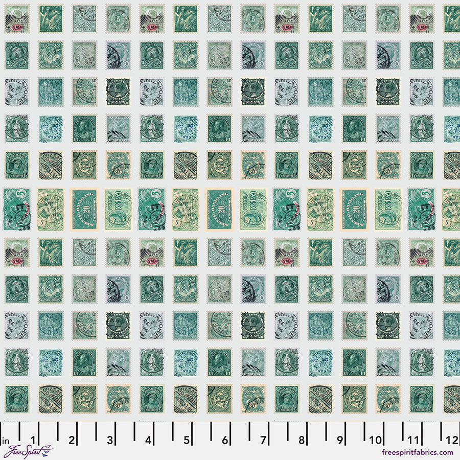 Eclectic Elements Palette: TEAL STAMPS Fabric (1/2 yd) by Tim Holtz