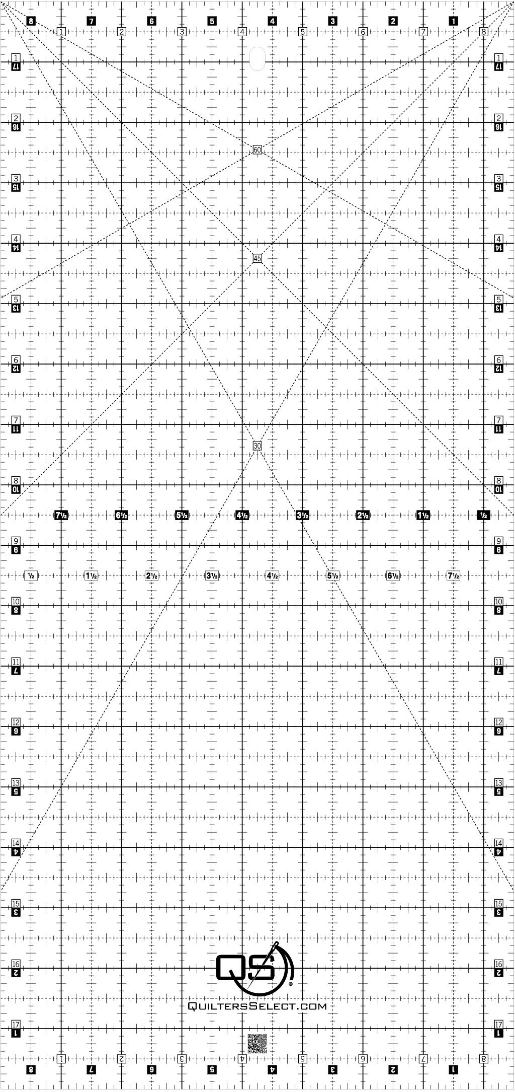 QUILTERS SELECT Crystal Ruler - Clear, Non-Slip 8.5"x 18" Ruler