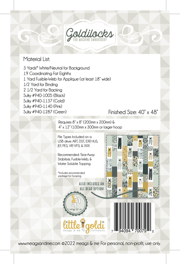 GOLDILOCKS Machine Embroidery Quilt Pattern by MEAGS & ME