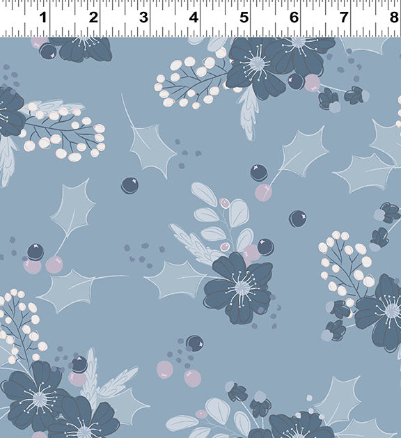 Winter Gardens: MAIN FLORAL-Denim Fabric by Meags & Me (1/2 yd.)