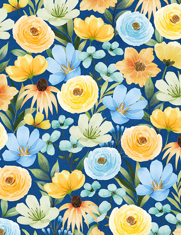 Gentle Meadow: PACKED FLORAL BLUE Fabric (1/2 yd.)