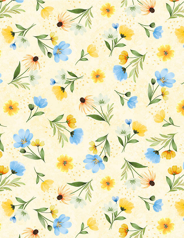Gentle Meadow: MEDIUM FLORAL TOSS Lt. Yellow Fabric (1/2 yd.)