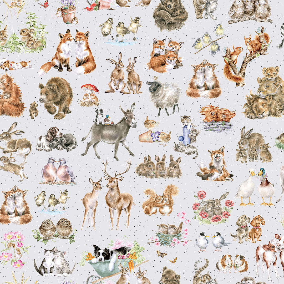 Together is Better: ONE-WAY PACKED ANIMALS Soft Gray fabric by Hannah Dale (1/2 yd.)
