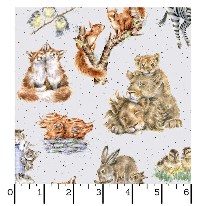 Together is Better: ONE-WAY PACKED ANIMALS Soft Gray fabric by Hannah Dale (1/2 yd.)
