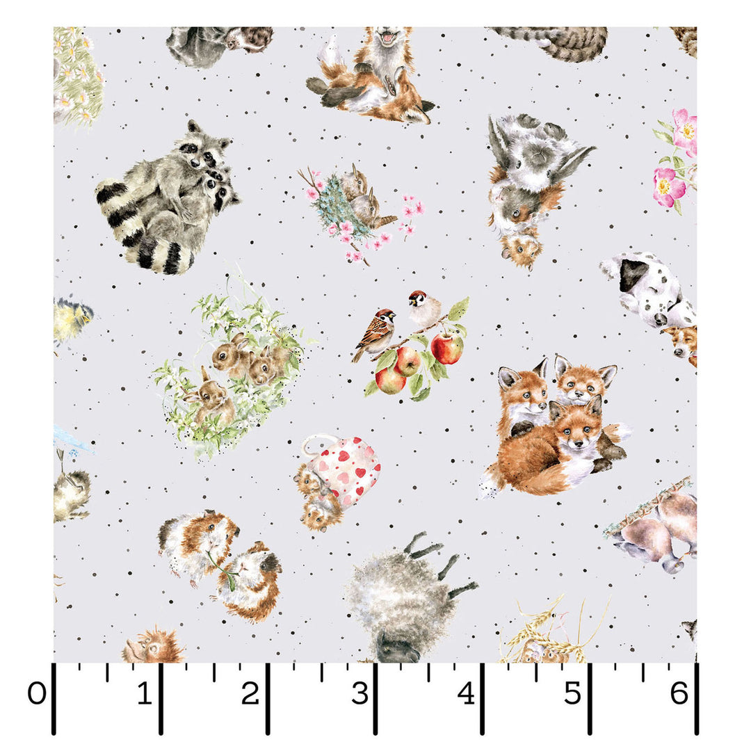 Together is Better: TOSSED ANIMALS Soft Gray fabric by Hannah Dale (1/2 yd.)