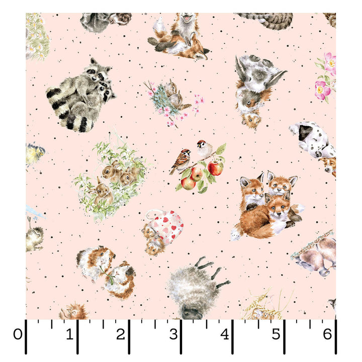 Together is Better: TOSSED ANIMALS Pale Pink fabric by Hannah Dale (1/2 yd.)