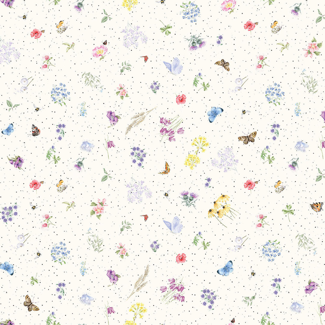 Together is Better: FLOWERS AND BUTTERFLIES Cream fabric by Hannah Dale (1/2 yd.)