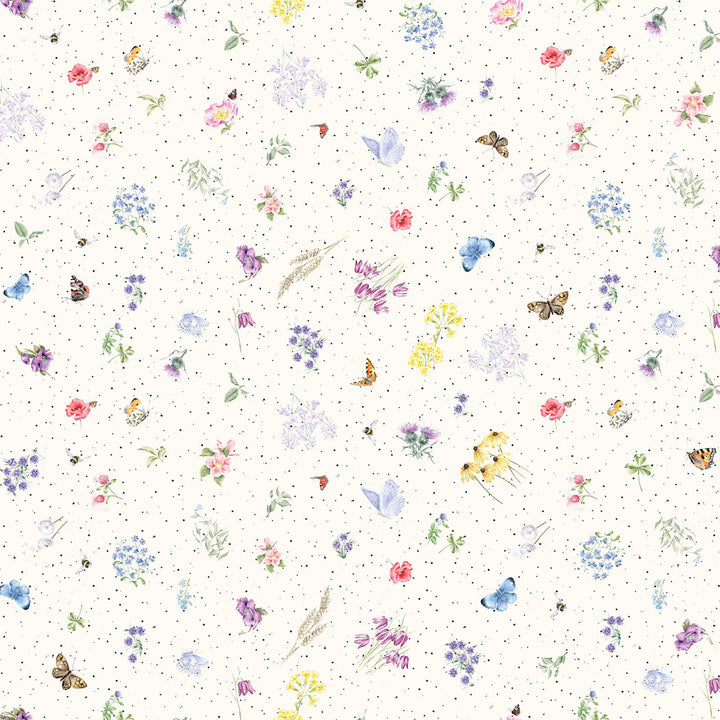 Together is Better: FLOWERS AND BUTTERFLIES Cream fabric by Hannah Dale (1/2 yd.)