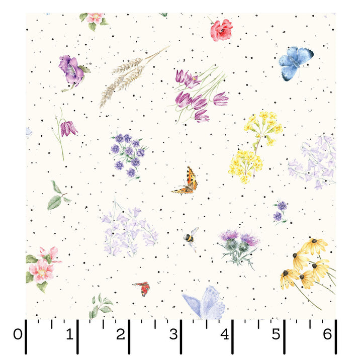Together is Better: FLOWERS AND BUTTERFLIES Cream fabric by Hannah Dale (1/2 yd.)