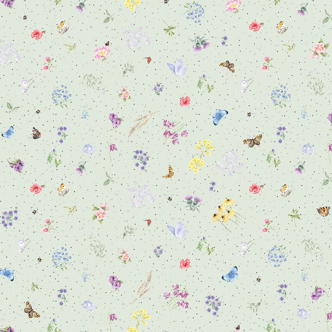 Together is Better: FLOWERS AND BUTTERFLIES Pale Green fabric by Hannah Dale (1/2 yd.)