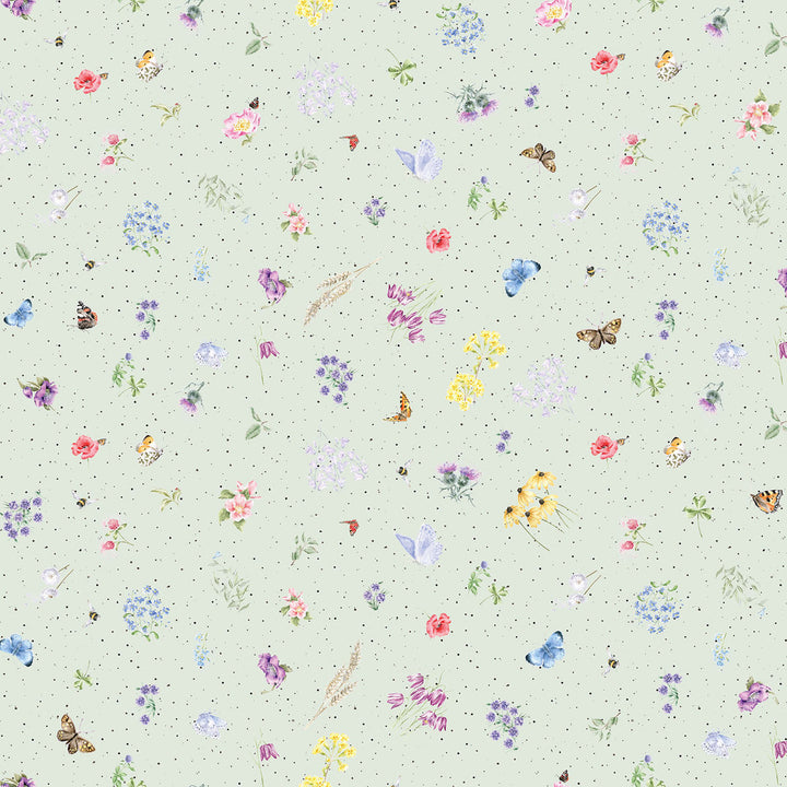 Together is Better: FLOWERS AND BUTTERFLIES Pale Green fabric by Hannah Dale (1/2 yd.)