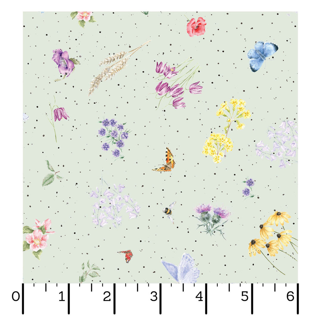 Together is Better: FLOWERS AND BUTTERFLIES Pale Green fabric by Hannah Dale (1/2 yd.)