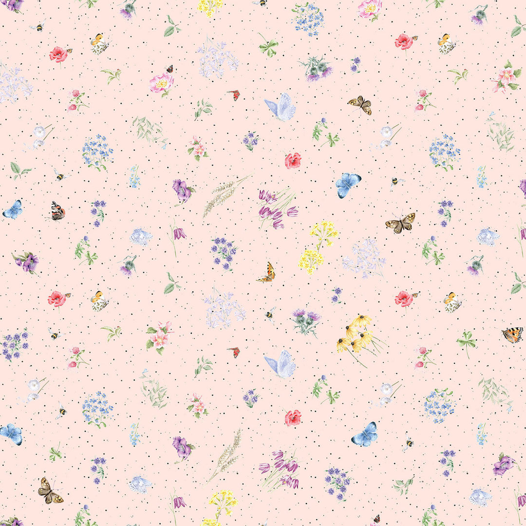 Together is Better: FLOWERS AND BUTTERFLIES Pale Pink fabric by Hannah Dale (1/2 yd.)