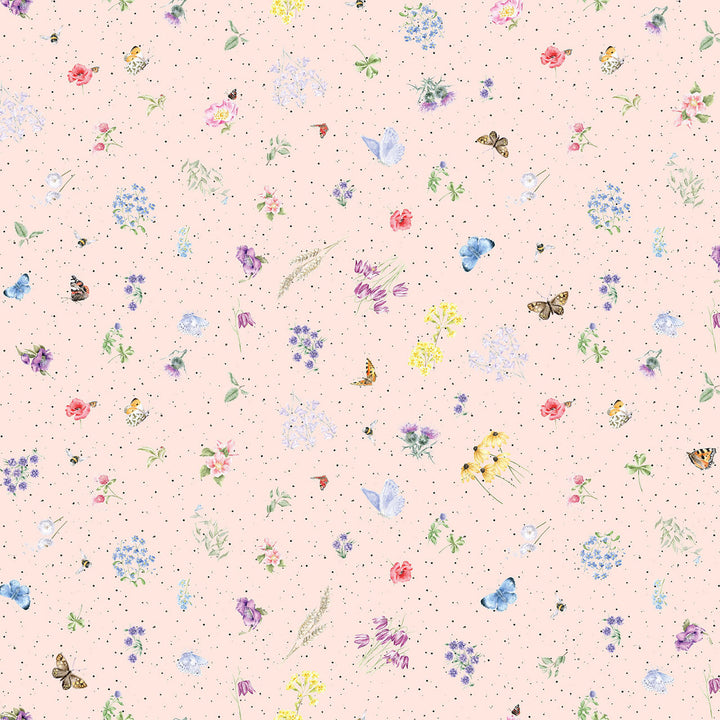 Together is Better: FLOWERS AND BUTTERFLIES Pale Pink fabric by Hannah Dale (1/2 yd.)