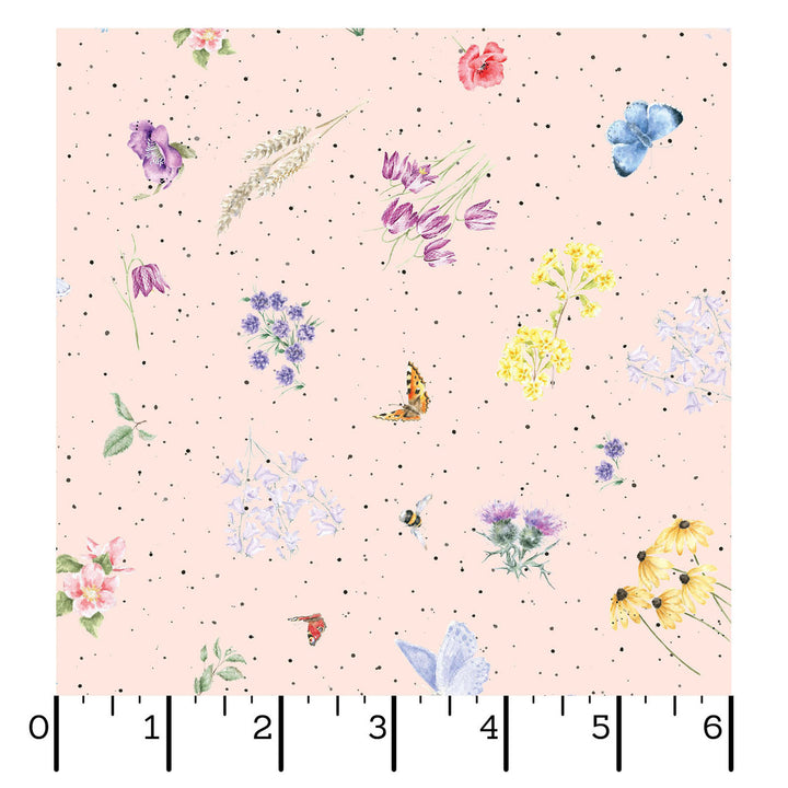 Together is Better: FLOWERS AND BUTTERFLIES Pale Pink fabric by Hannah Dale (1/2 yd.)
